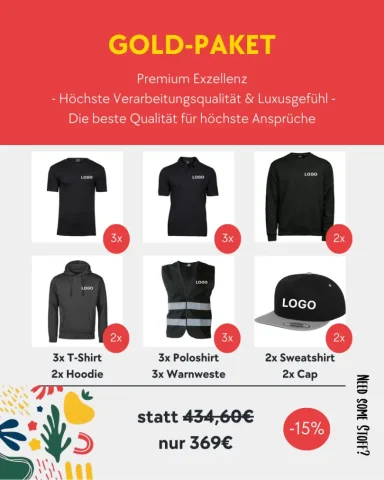 Gold-Paket mit T-Shirts, Poloshirts, Hoodies und Caps zum Sonderpreis.
