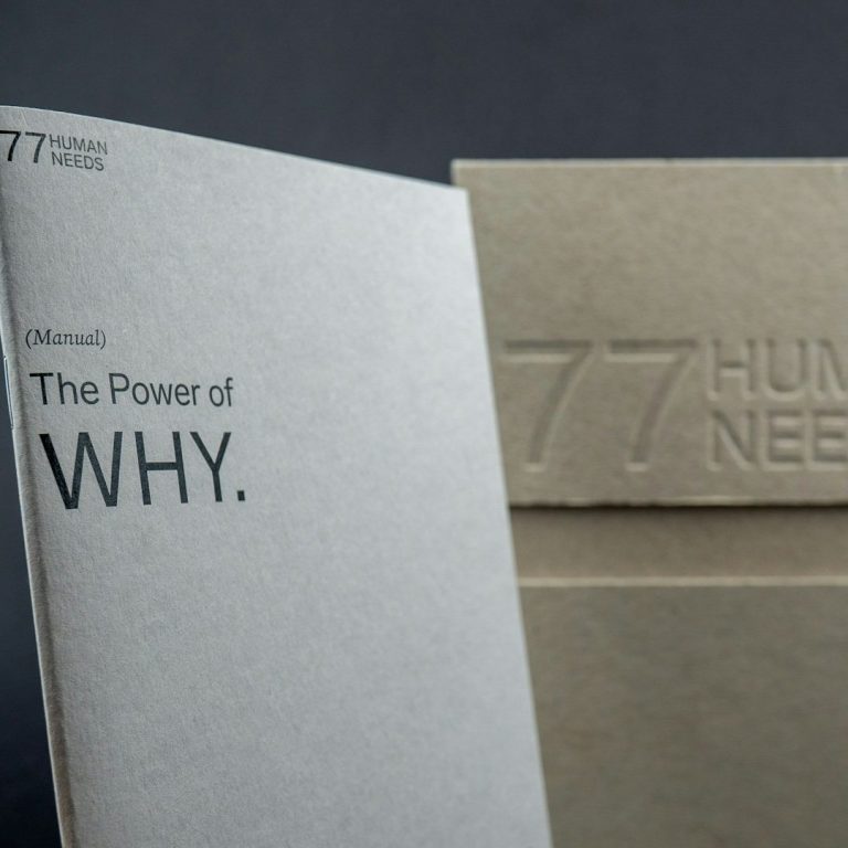 Buch mit dem Titel "The Power of WHY" und einer beige Prägung "77 HUMAN NEEDS".