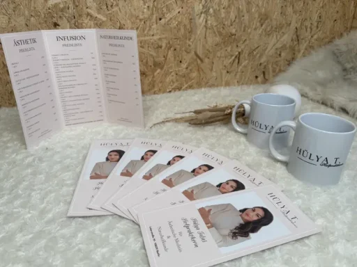 Zwei weiße Tassen, mehrere Menüs und eine dekorative Unterlage auf weißem Hintergrund.