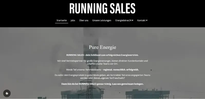 Text auf schwarzem Hintergrund: "RUNNING SALES" und Beispiele für Verkaufsstrategien.