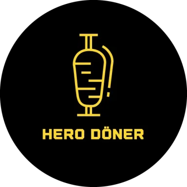 Logo von Hero Döner, gelbes Design mit einem Döner-Spieß auf schwarzem Hintergrund.