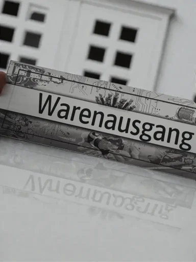 Hochglanzschild Schild mit der Aufschrift "Warenausgang" vor einem Gebäude.