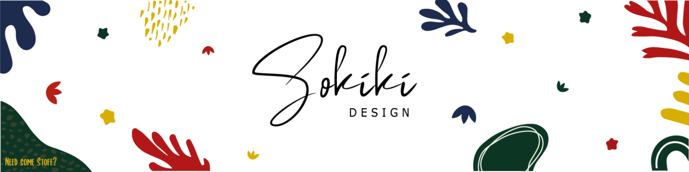 Sokiki Design Banner Logobanner von Sokiki Design + Slogan: Need some Stoff? In gelber Schrift - auf weißem Hintergrund mit bunten CI Motiven