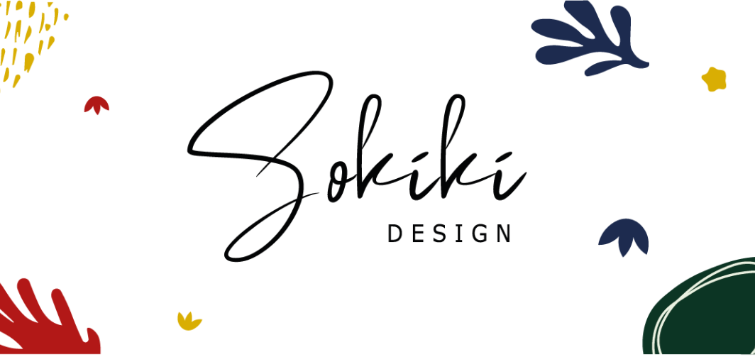 Sokiki Design Banner gezoomt Logo von Sokiki Design mit bunten dekorativen Elementen.
