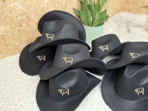 Sechs schwarze Cowboy-Hüte mit goldener Verzierung auf einem hellen Untergrund.