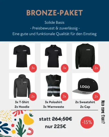 Bronze-Paket: Enthält T-Shirts, Poloshirts, Hoodies und eine Mütze zu reduzierten Preisen.