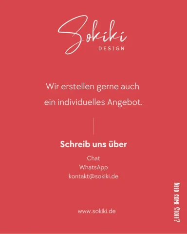 Text auf rotem Hintergrund, Angebot zur individuellen Gestaltung von Sokiki Design.