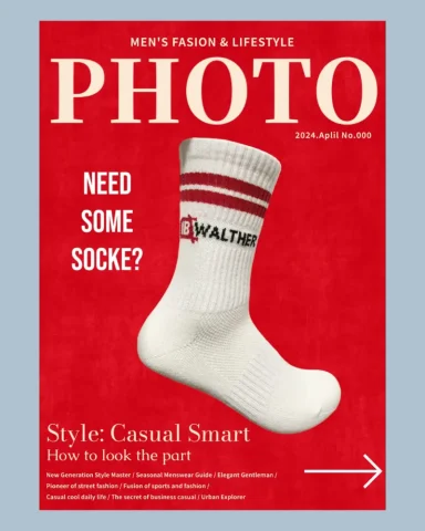 Weiße Socke mit rot-weißen Streifen, Text "NEED SOME SOCKS?" in bold.