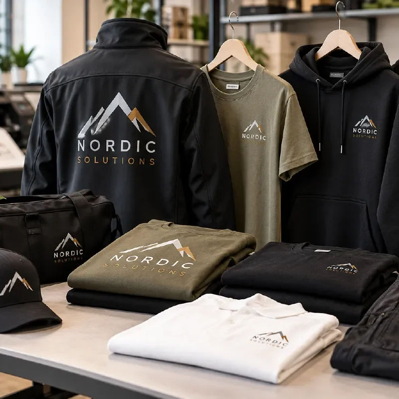 Einheitlich gestaltete Firmenbekleidung mit Logos auf Jacke, T-Shirts, Cappy, Tasche, Hoodie und Poloshirt