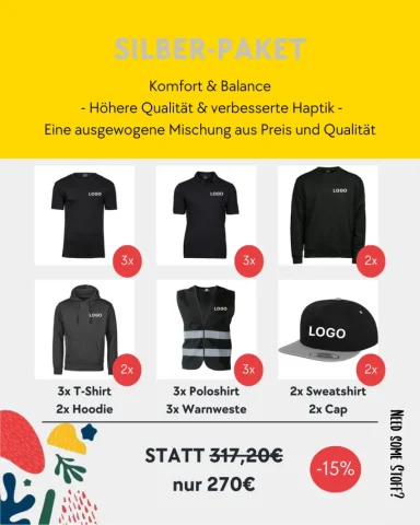 Silber-Paket-Angebot mit verschiedenen Textilien und 15% Rabatt auf den Gesamtpreis.